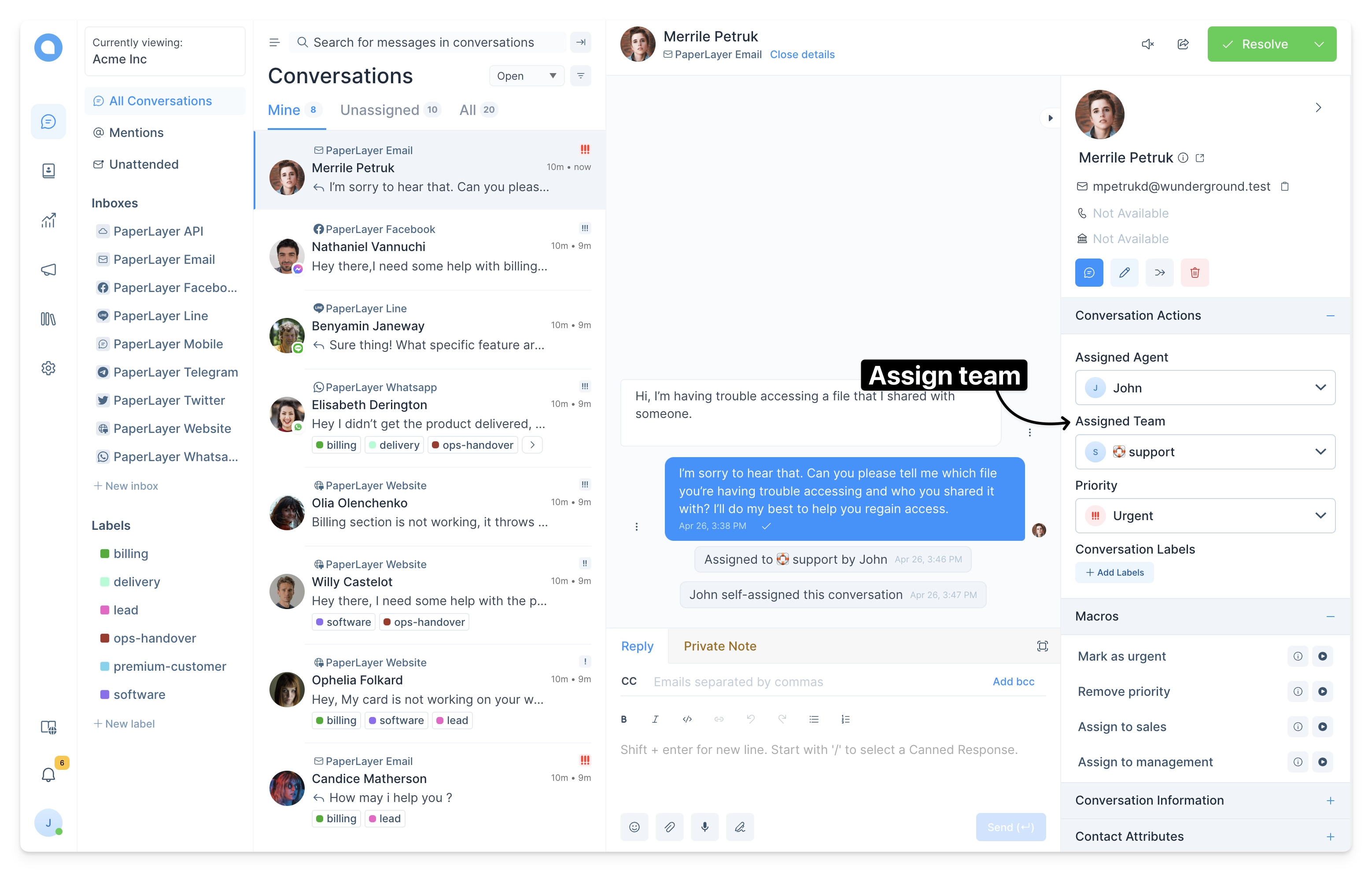 Assign Team to Conversation Drop Down 